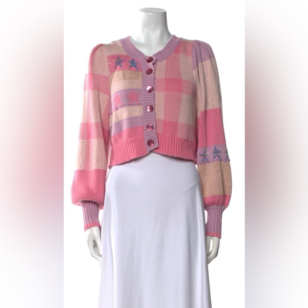 LoveShackFancy Pink Check Cardigan Puff Sleeve Knit Small - Picture 3 of 13